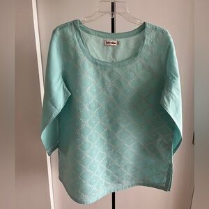 Fabindia Teal Green & White Hand Embroidered Chikan Cotton Tunic Blouse Kurta XL